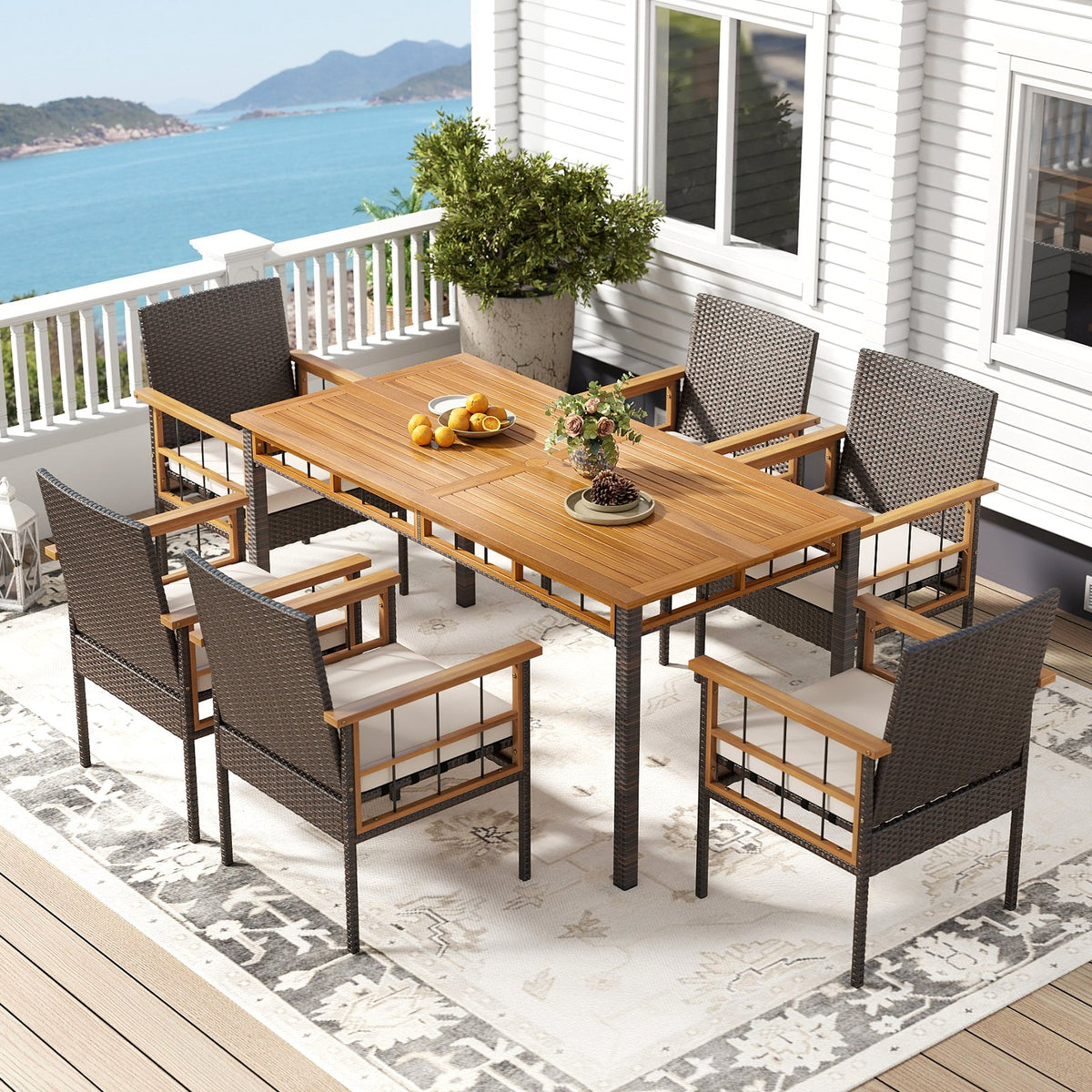 7 Pieces PE Wicker Patio Dining Set for Garden and Backyard view 3