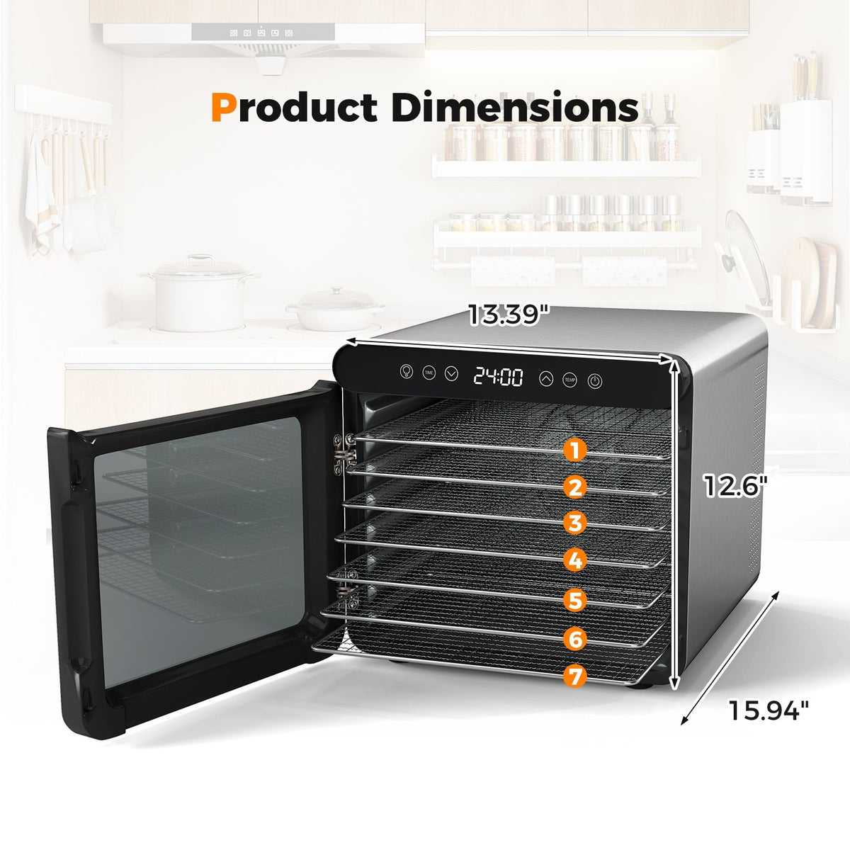 7 Stainless Steel Trays Dryer with 1-24H Timer and 30-75℃ Temperature-Silver view 4
