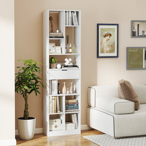 7-tier Bookshelf with Drawer 180cm Floor Standing Display Rack Storage Shelf-White view 2