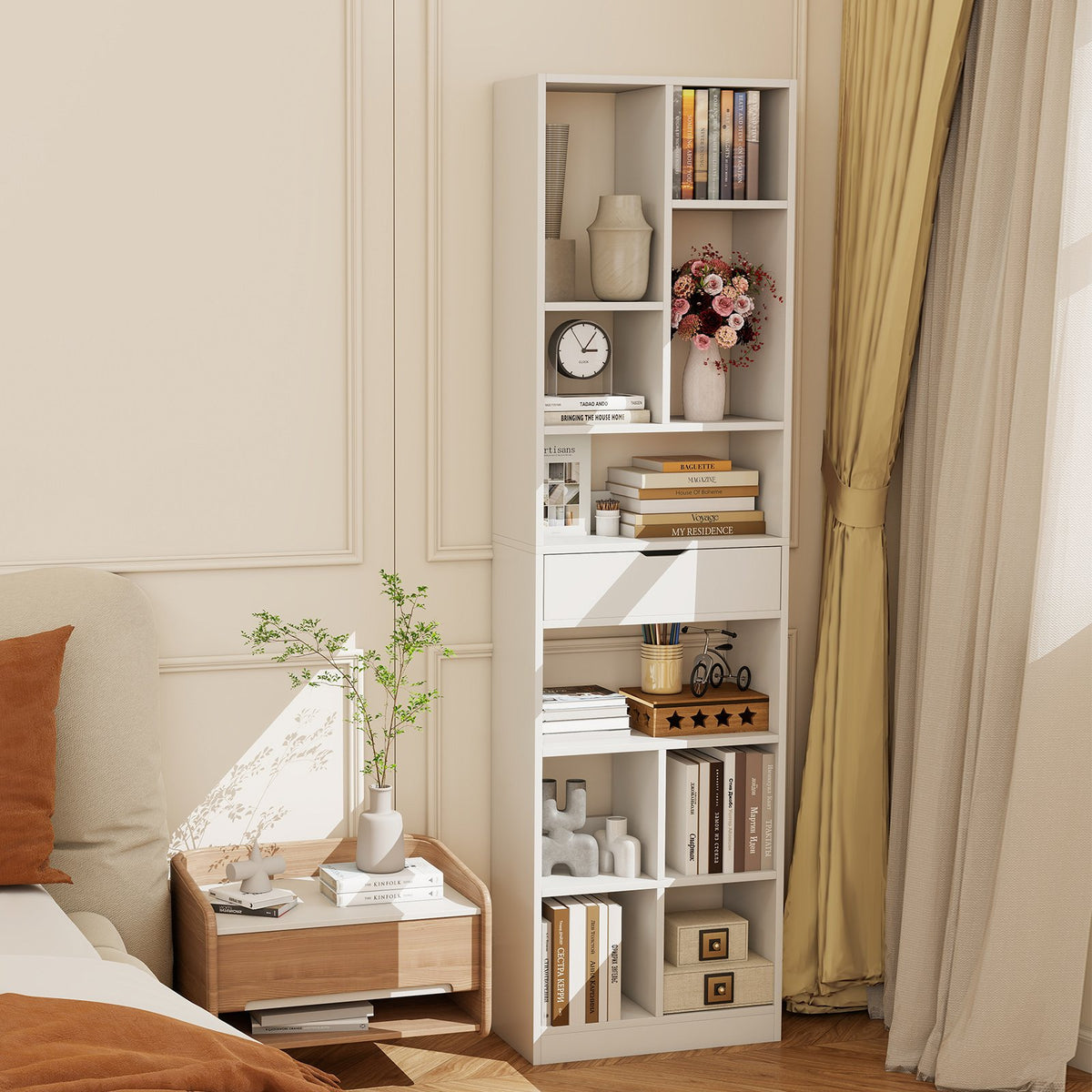 7-tier Bookshelf with Drawer 180cm Floor Standing Display Rack Storage Shelf-White view 3