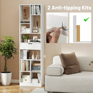 7-tier Bookshelf with Drawer 180cm Floor Standing Display Rack Storage Shelf-White view 5