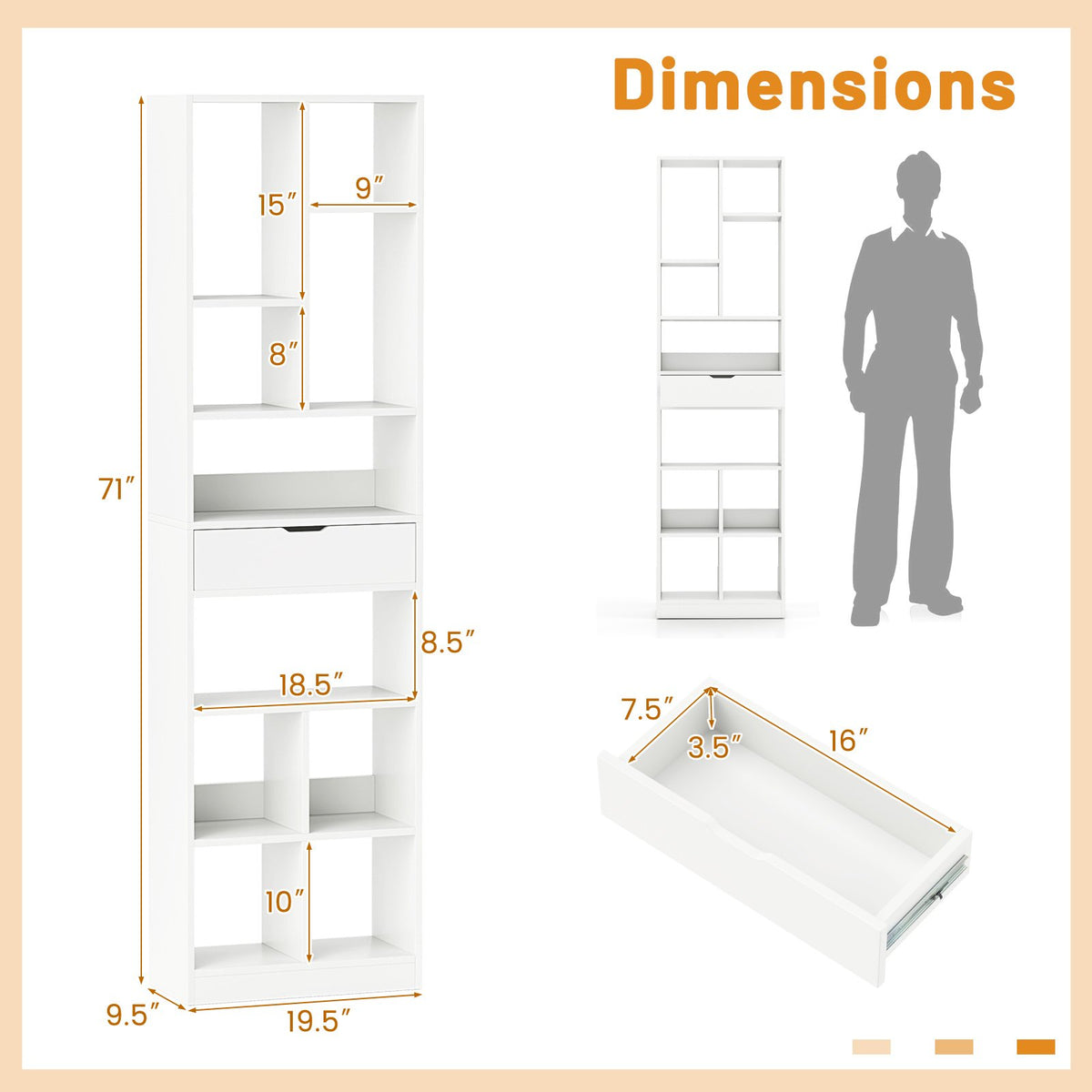 7-tier Bookshelf with Drawer 180cm Floor Standing Display Rack Storage Shelf-White view 6