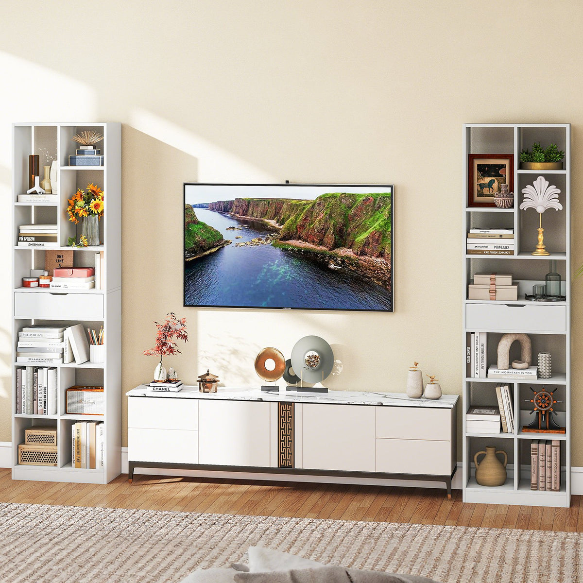 7-tier Bookshelf with Drawer 180cm Floor Standing Display Rack Storage Shelf-White view 7