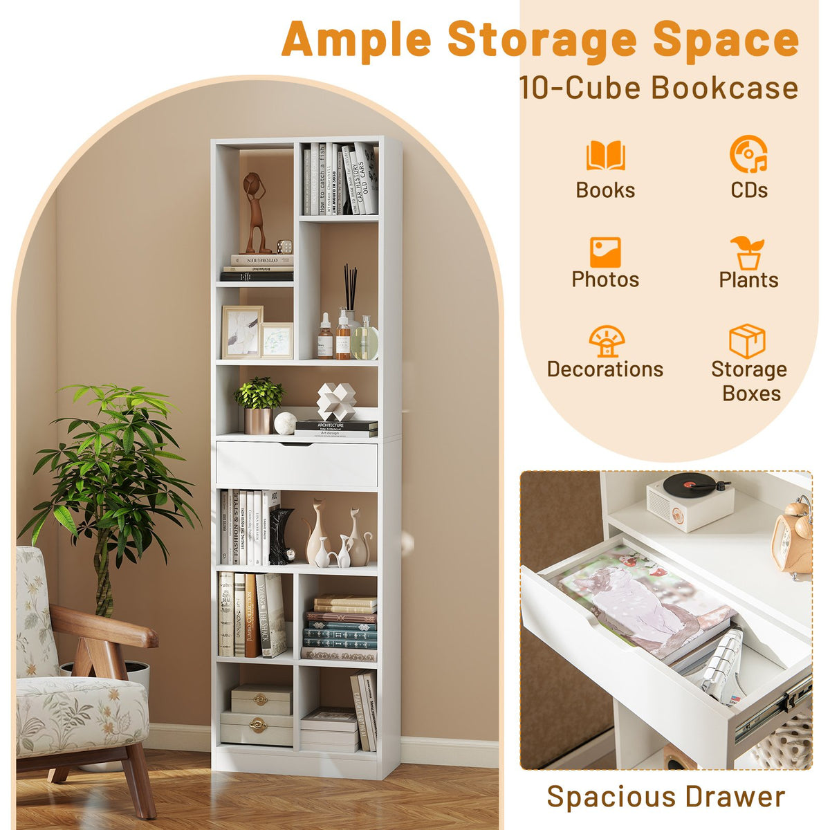 7-tier Bookshelf with Drawer 180cm Floor Standing Display Rack Storage Shelf-White view 8