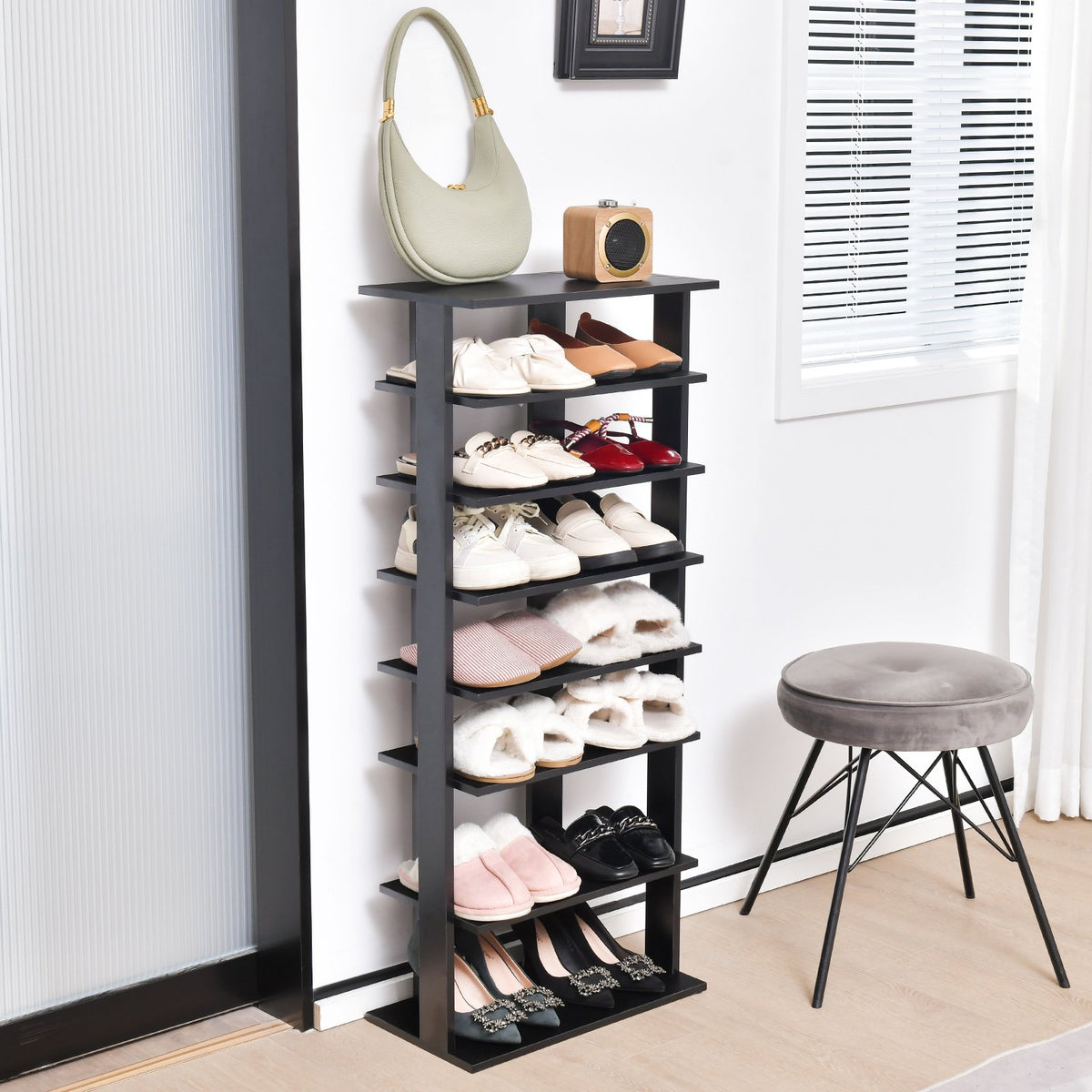 7-Tier Dual Shoe Rack Free Standing Shelves Storage Shelves Concise-Black view 2