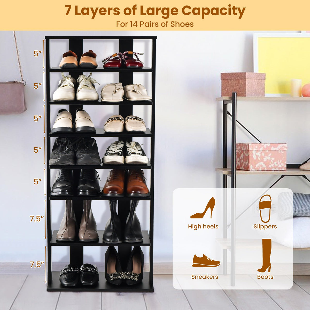 7-Tier Dual Shoe Rack Free Standing Shelves Storage Shelves Concise-Black view 6