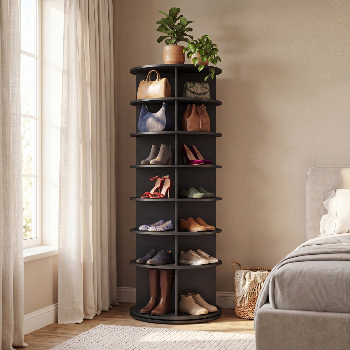 7-Tier Rotating Shoe Rack Tower Freestanding Spinning Shoe Organizer-Black view 3