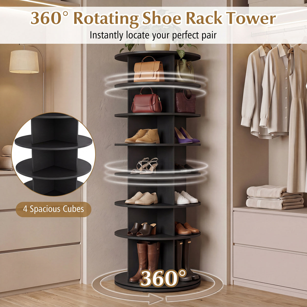 7-Tier Rotating Shoe Rack Tower Freestanding Spinning Shoe Organizer-Black view 7