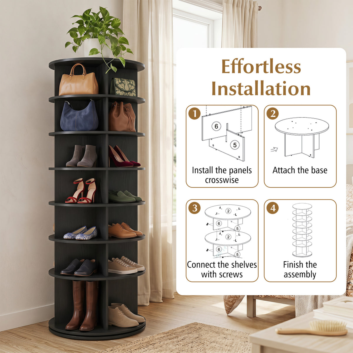 7-Tier Rotating Shoe Rack Tower Freestanding Spinning Shoe Organizer-Black view 9