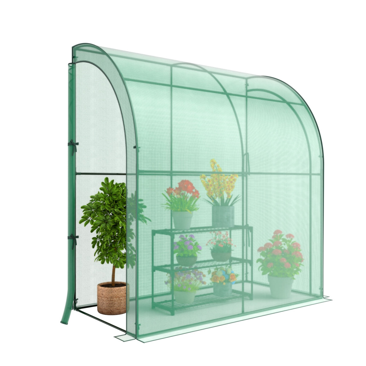 7 x 3.5 x 7 Feet Lean-to Greenhouse with Flower Rack-Green