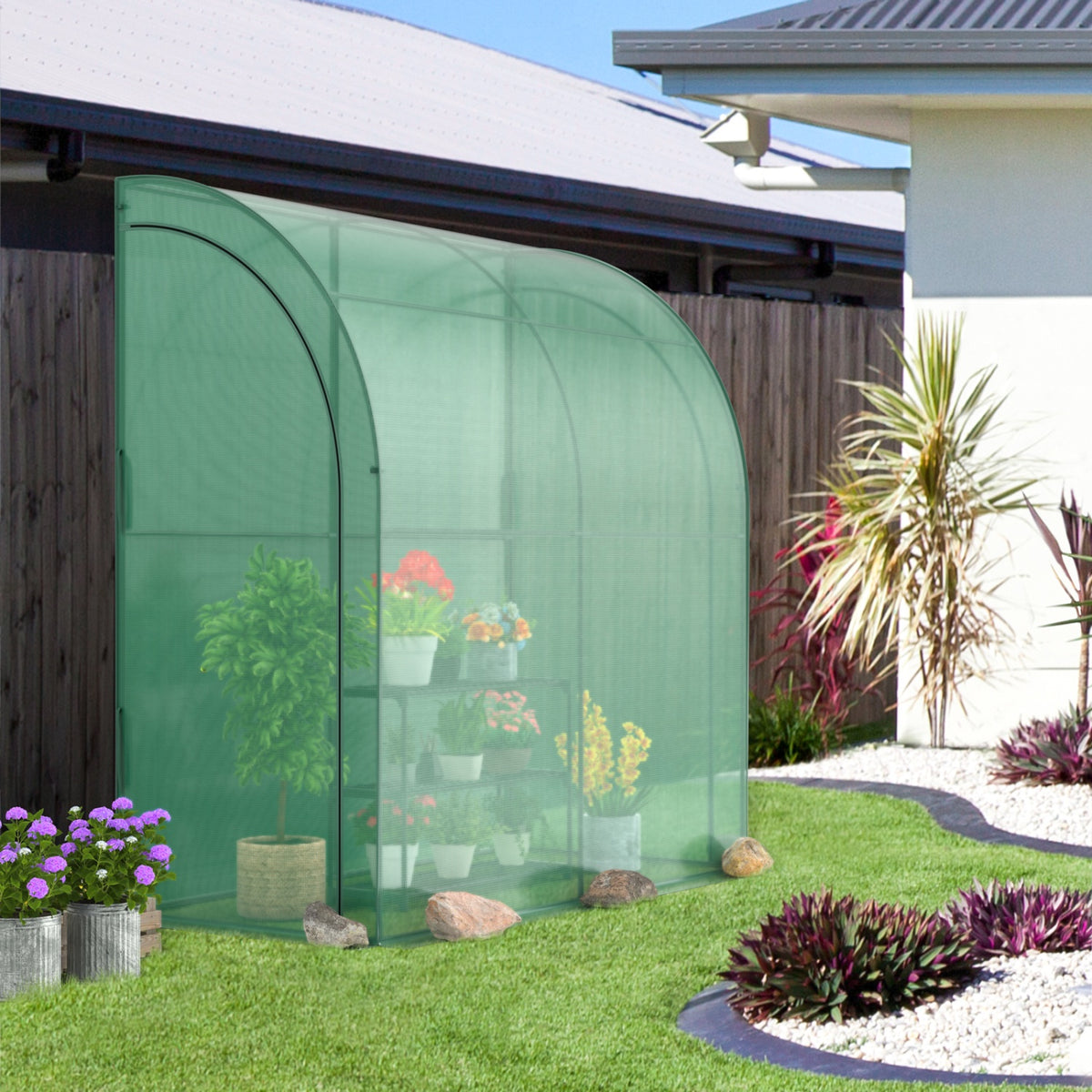 7 x 3.5 x 7 Feet Lean-to Greenhouse with Flower Rack-Green view 3