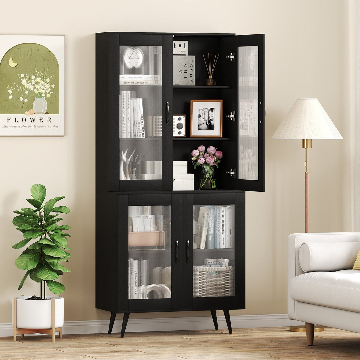 70.5 inch Tall Kitchen Pantry Cabinet Cupboard with 4 Transparent Doors-Black view 2