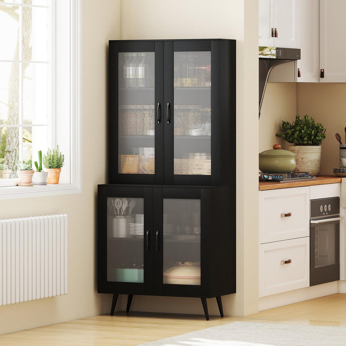 70.5 inch Tall Kitchen Pantry Cabinet Cupboard with 4 Transparent Doors-Black view 3
