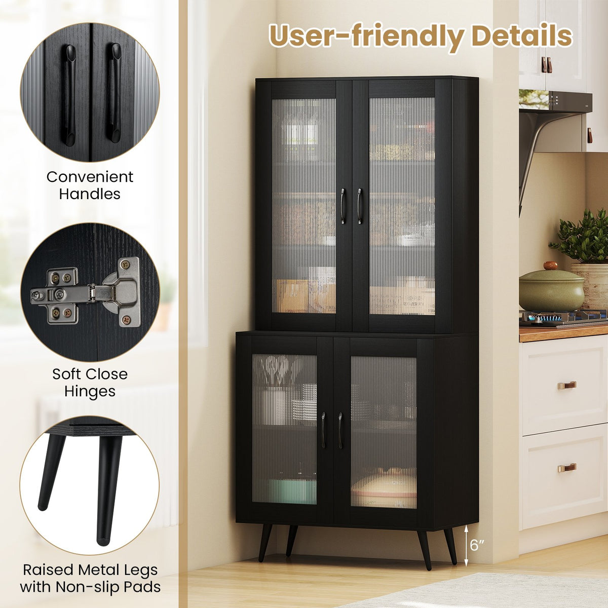 70.5 inch Tall Kitchen Pantry Cabinet Cupboard with 4 Transparent Doors-Black view 7