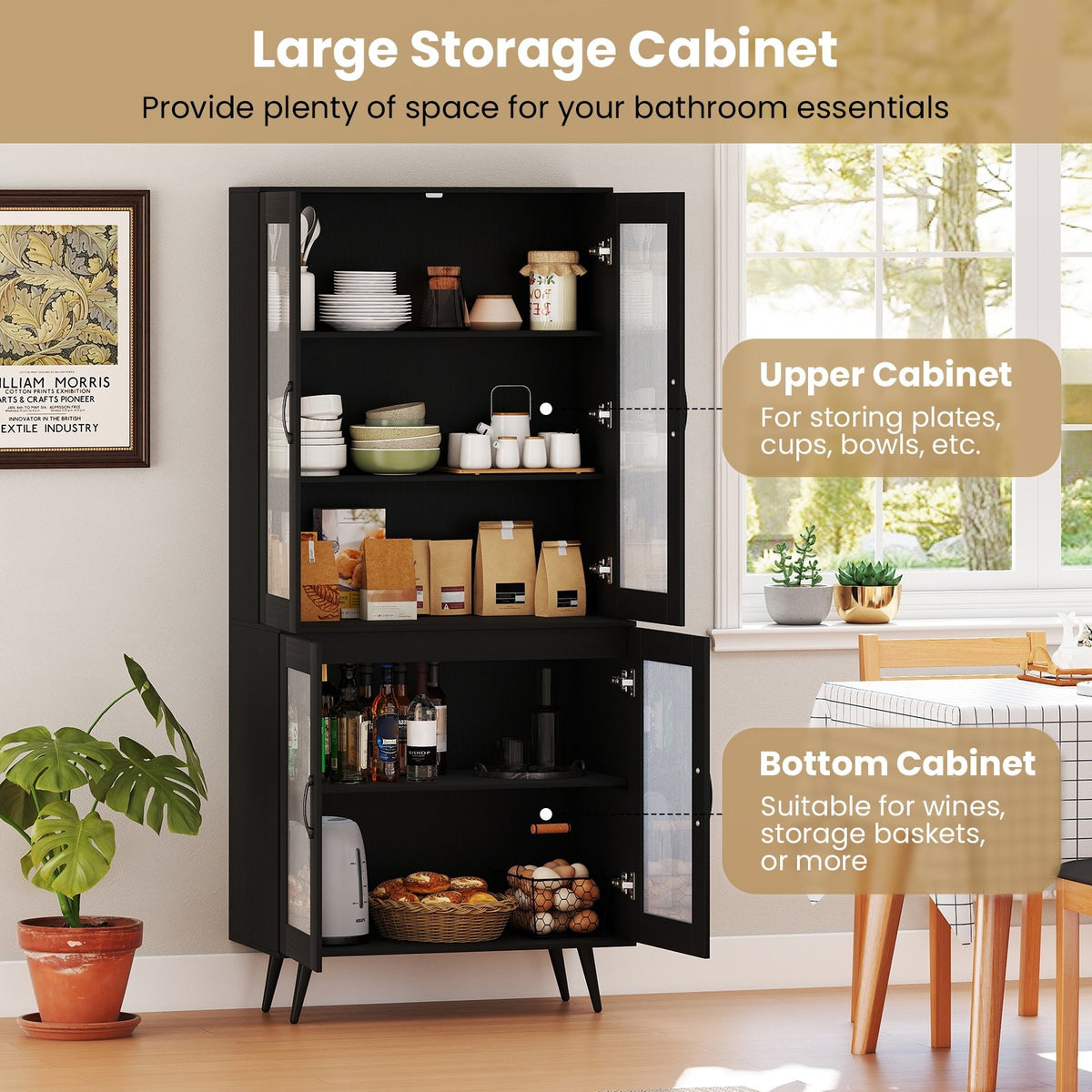 70.5 inch Tall Kitchen Pantry Cabinet Cupboard with 4 Transparent Doors-Black view 8