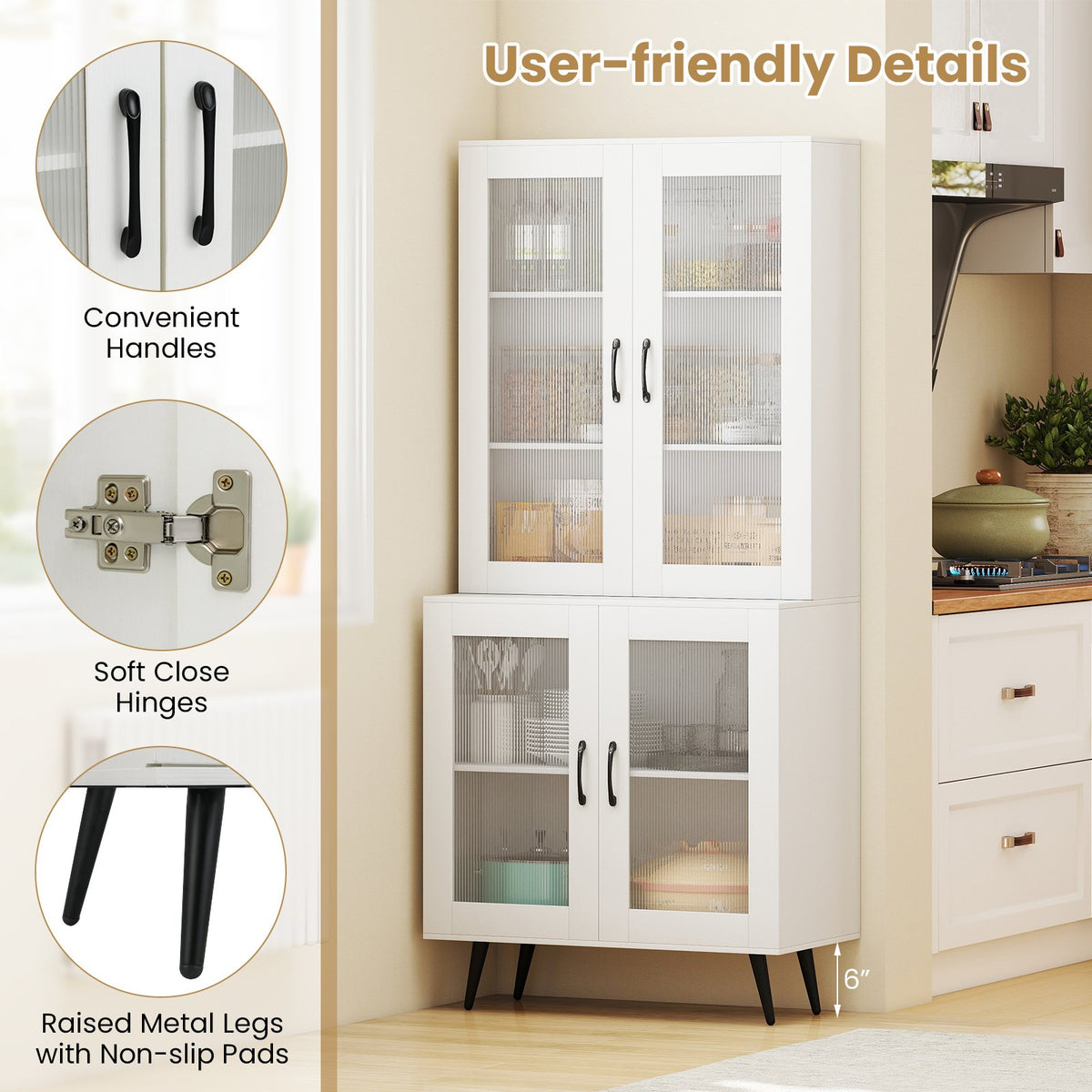 70.5 inch Tall Kitchen Pantry Cabinet Cupboard with 4 Transparent Doors-White view 6