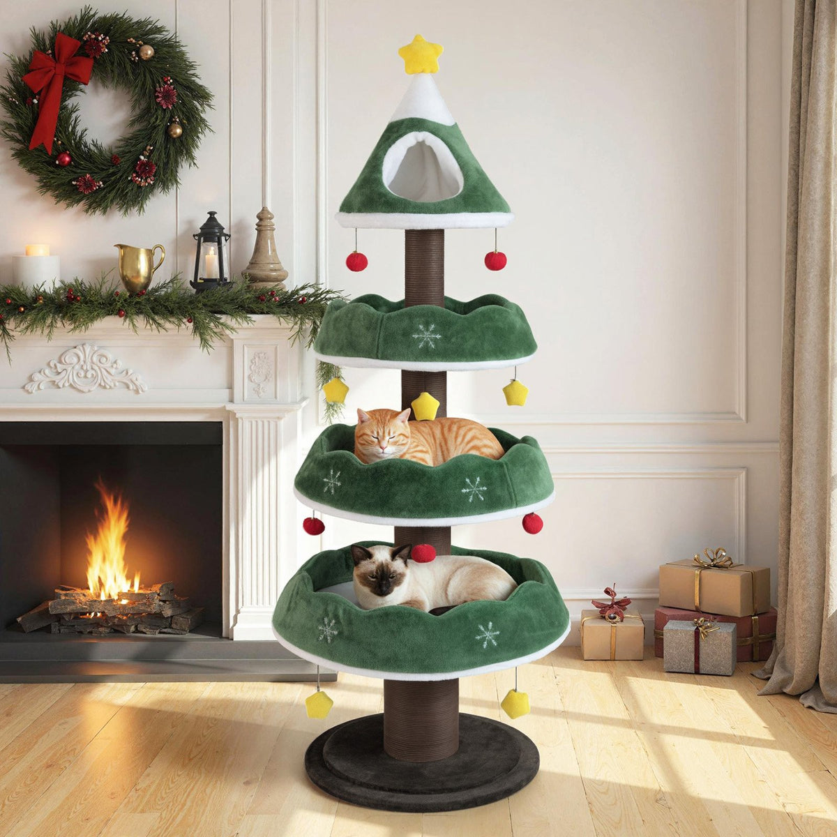 70.5 Inches Tall Christmas Cat Tree with 3 Plush Platforms-Green view 2