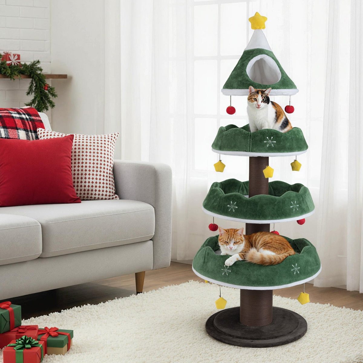 70.5 Inches Tall Christmas Cat Tree with 3 Plush Platforms-Green view 3