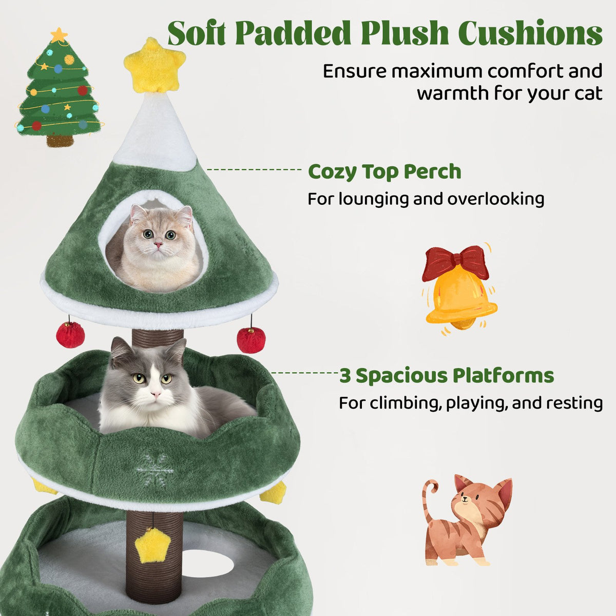 70.5 Inches Tall Christmas Cat Tree with 3 Plush Platforms-Green view 8