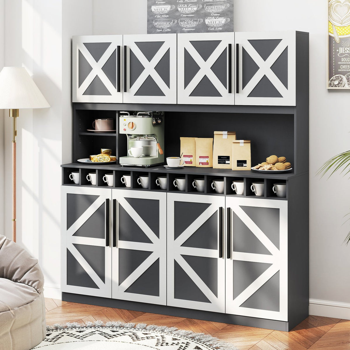 70 Inch Farmhouse Pantry Cabinet Kitchen Buffet Hutch with 4 Cabinets and 2 Open Shelves-Dark Gray view 2