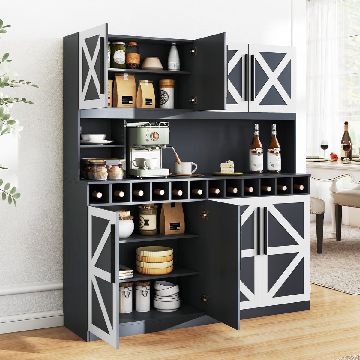 70 Inch Farmhouse Pantry Cabinet Kitchen Buffet Hutch with 4 Cabinets and 2 Open Shelves-Dark Gray view 3