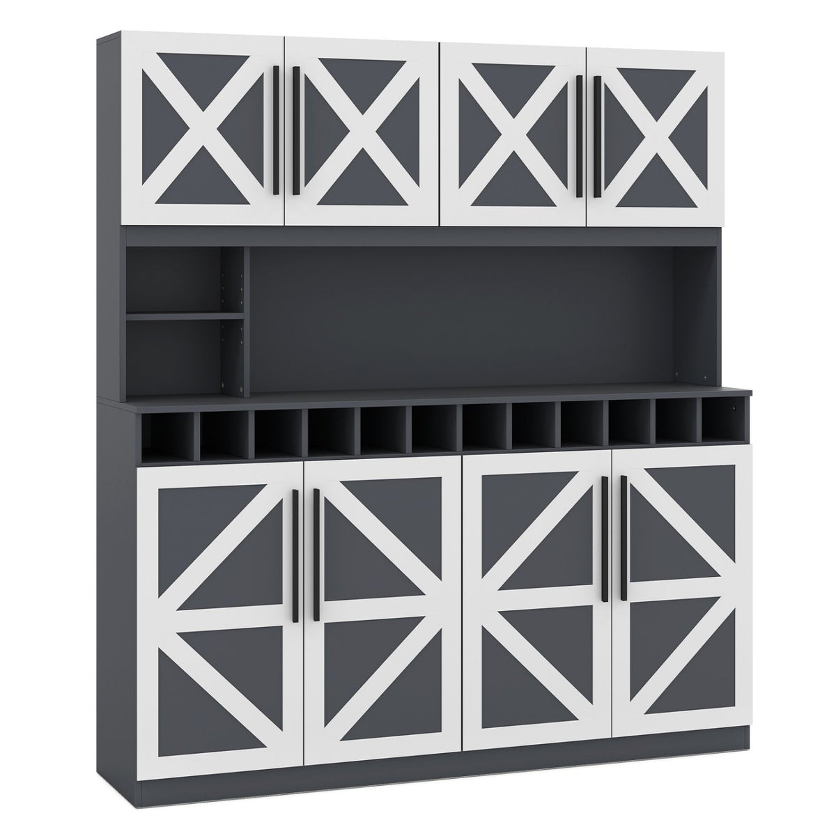 70 Inch Farmhouse Pantry Cabinet Kitchen Buffet Hutch with 4 Cabinets and 2 Open Shelves-Dark Gray view 4