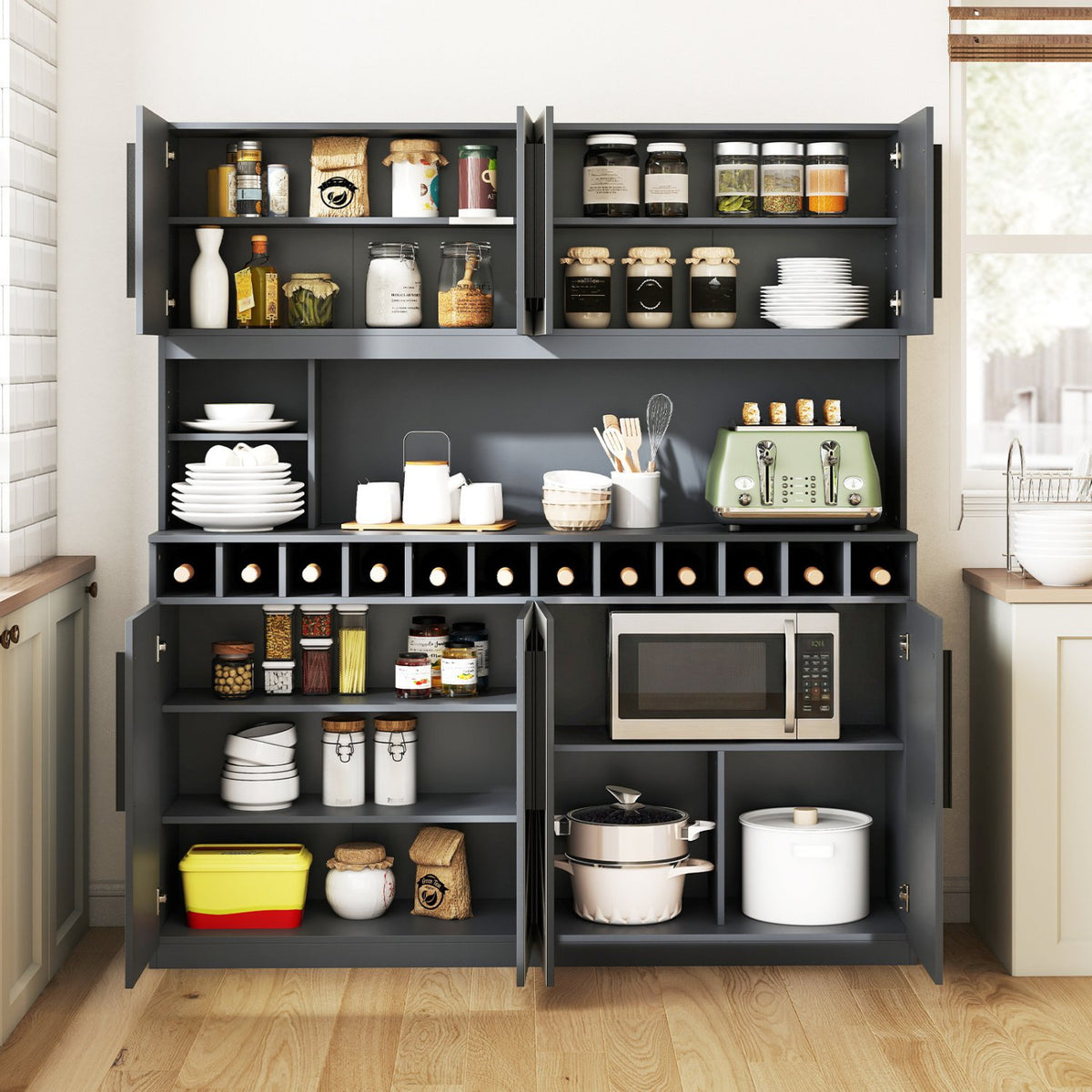 70 Inch Farmhouse Pantry Cabinet Kitchen Buffet Hutch with 4 Cabinets and 2 Open Shelves-Dark Gray view 6