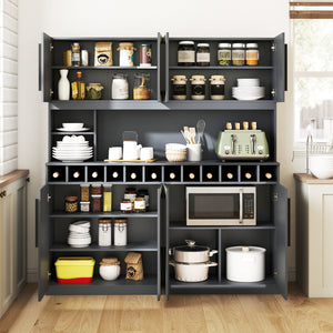 70 Inch Farmhouse Pantry Cabinet Kitchen Buffet Hutch with 4 Cabinets and 2 Open Shelves-Dark Gray view 6