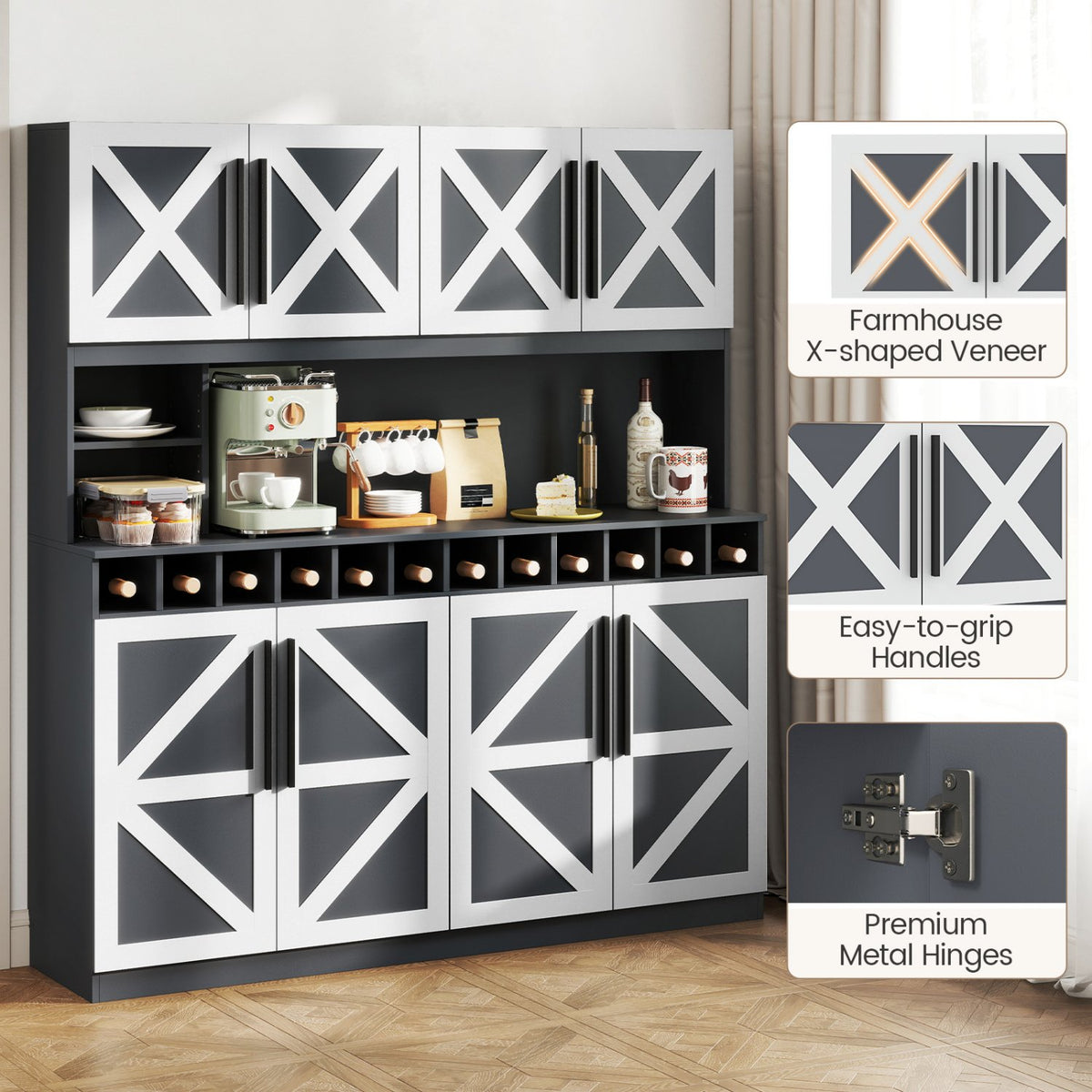 70 Inch Farmhouse Pantry Cabinet Kitchen Buffet Hutch with 4 Cabinets and 2 Open Shelves-Dark Gray view 7