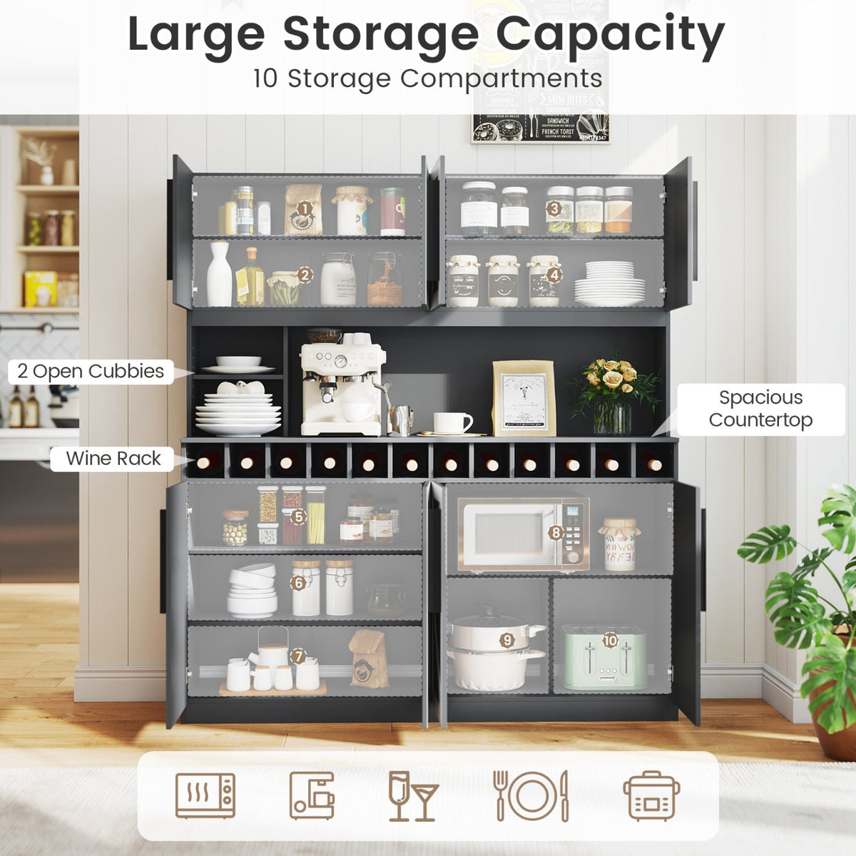 70 Inch Farmhouse Pantry Cabinet Kitchen Buffet Hutch with 4 Cabinets and 2 Open Shelves-Dark Gray view 8