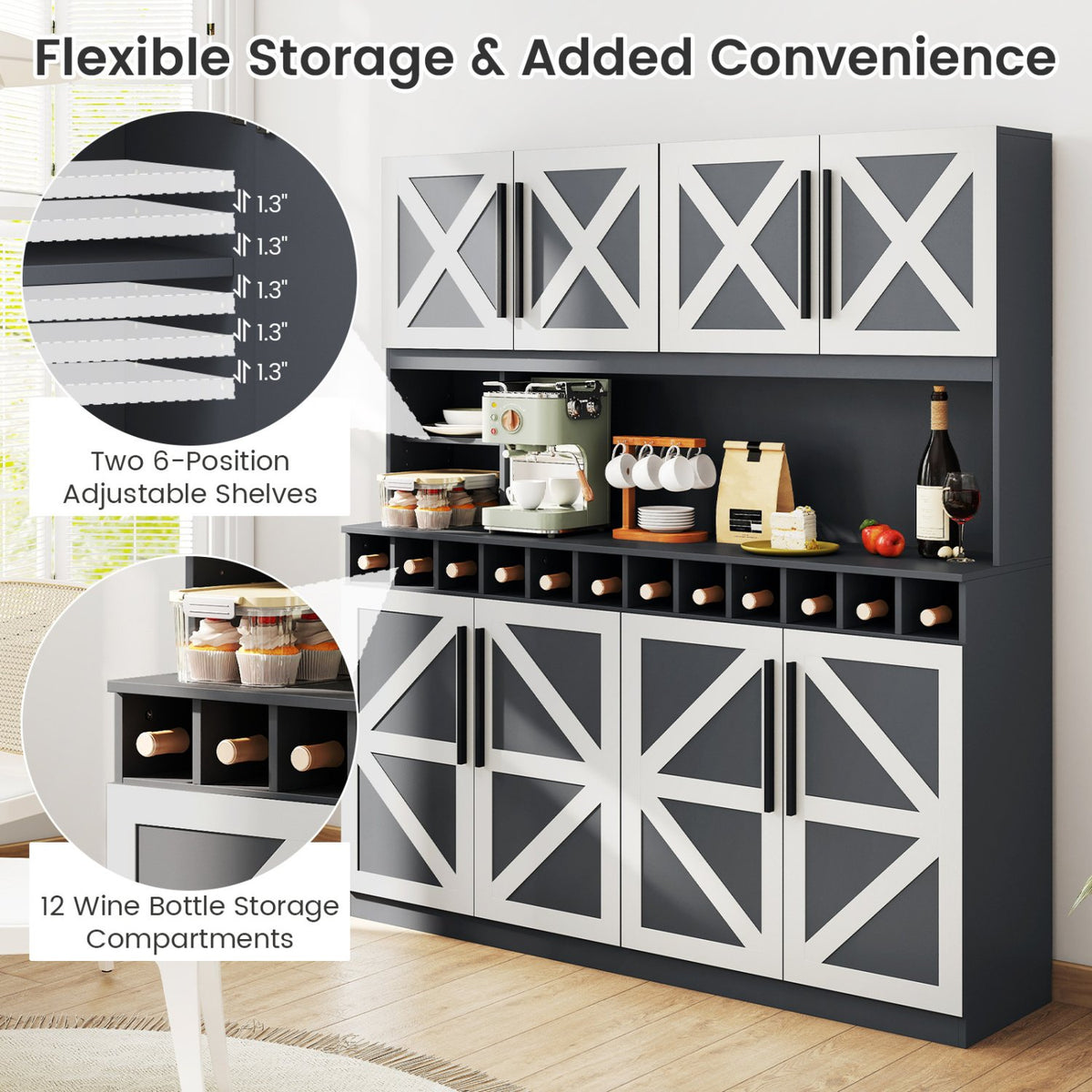 70 Inch Farmhouse Pantry Cabinet Kitchen Buffet Hutch with 4 Cabinets and 2 Open Shelves-Dark Gray view 9