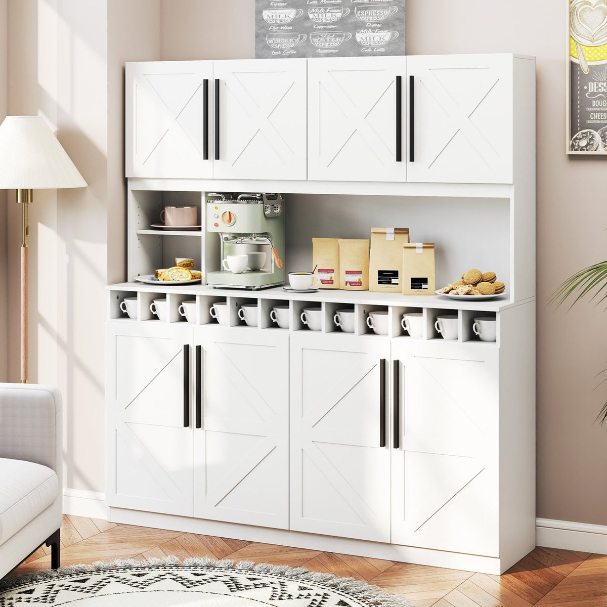 70 Inch Farmhouse Pantry Cabinet Kitchen Buffet Hutch with 4 Cabinets and 2 Open Shelves-White view 2