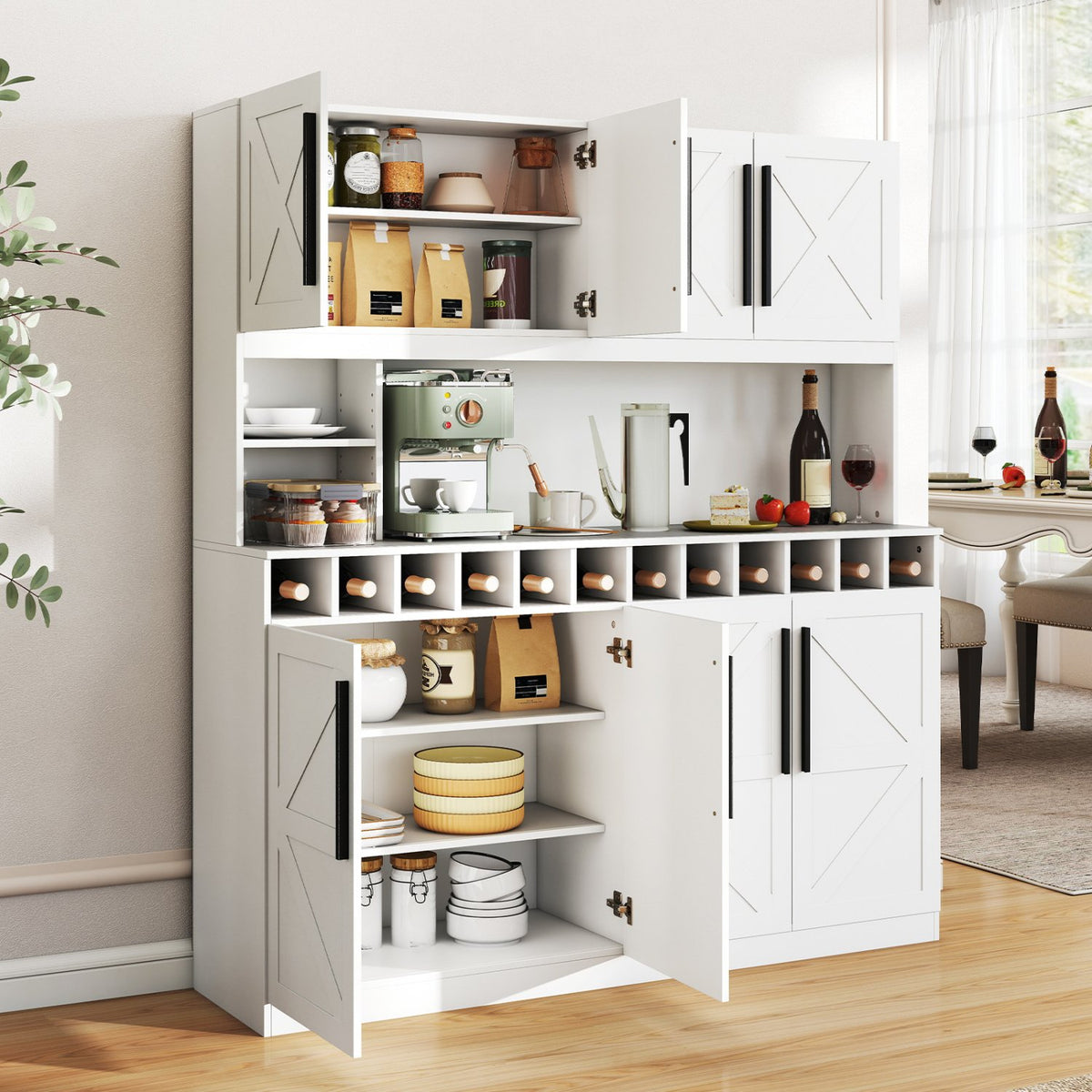 70 Inch Farmhouse Pantry Cabinet Kitchen Buffet Hutch with 4 Cabinets and 2 Open Shelves-White view 3