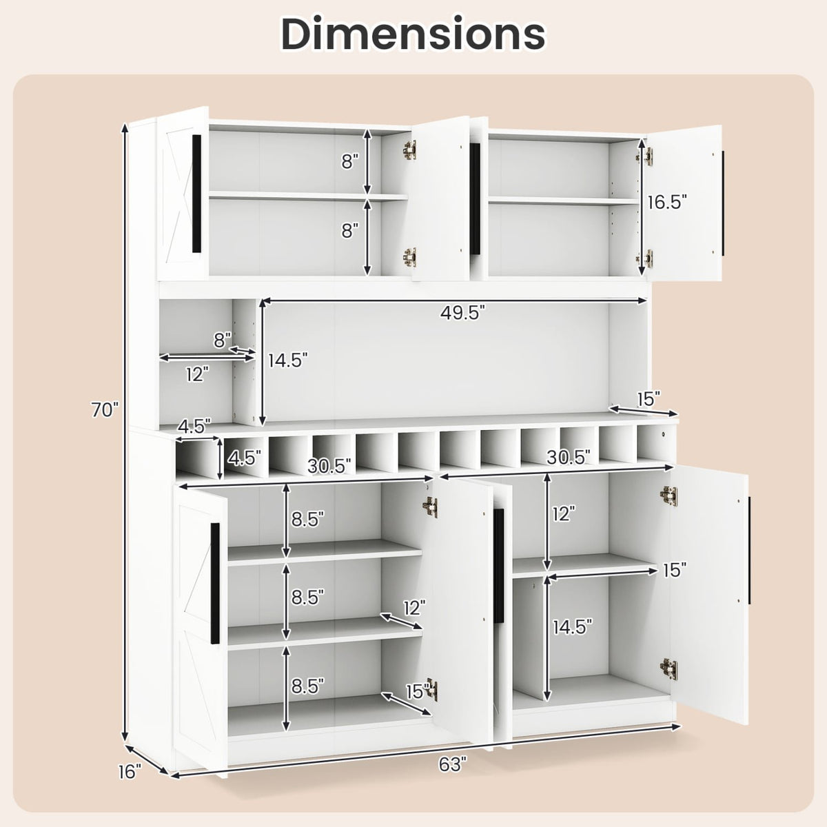 70 Inch Farmhouse Pantry Cabinet Kitchen Buffet Hutch with 4 Cabinets and 2 Open Shelves-White view 5