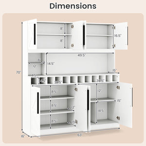 70 Inch Farmhouse Pantry Cabinet Kitchen Buffet Hutch with 4 Cabinets and 2 Open Shelves-White view 5