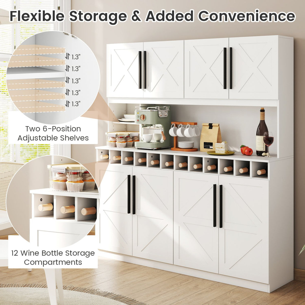 70 Inch Farmhouse Pantry Cabinet Kitchen Buffet Hutch with 4 Cabinets and 2 Open Shelves-White view 9