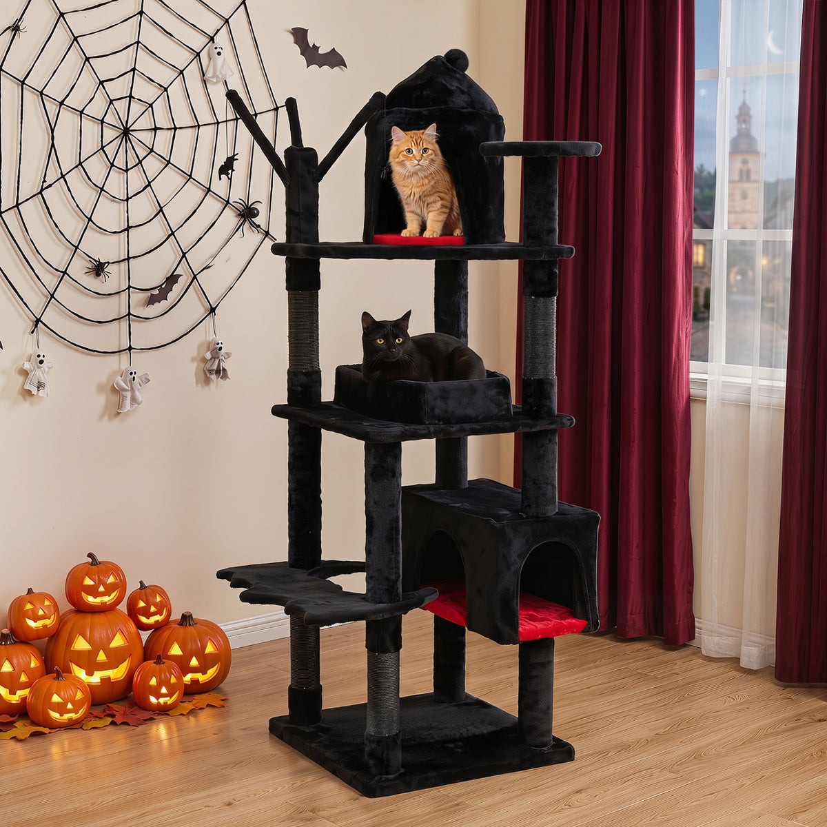 70 Inch Gothic Cat Tree for Indoor Cats with Castle and House view 3