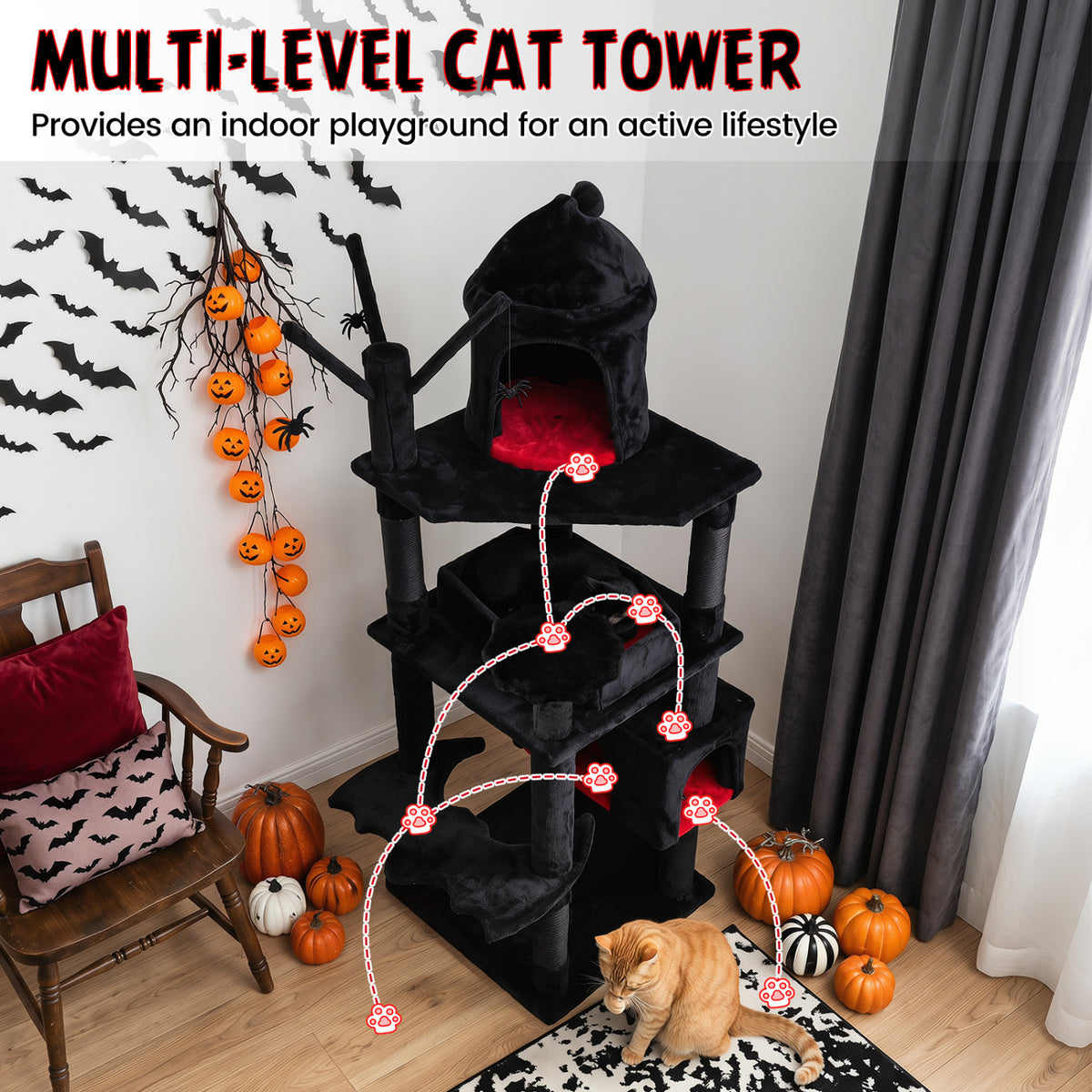 70 Inch Gothic Cat Tree for Indoor Cats with Castle and House view 6