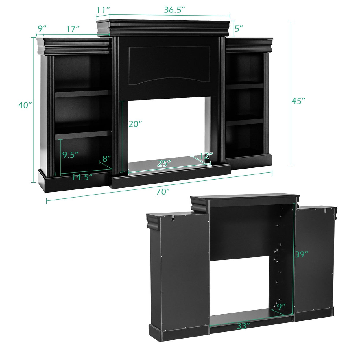 70 Inch Modern Fireplace Media Entertainment Center with Bookcase-Black view 4
