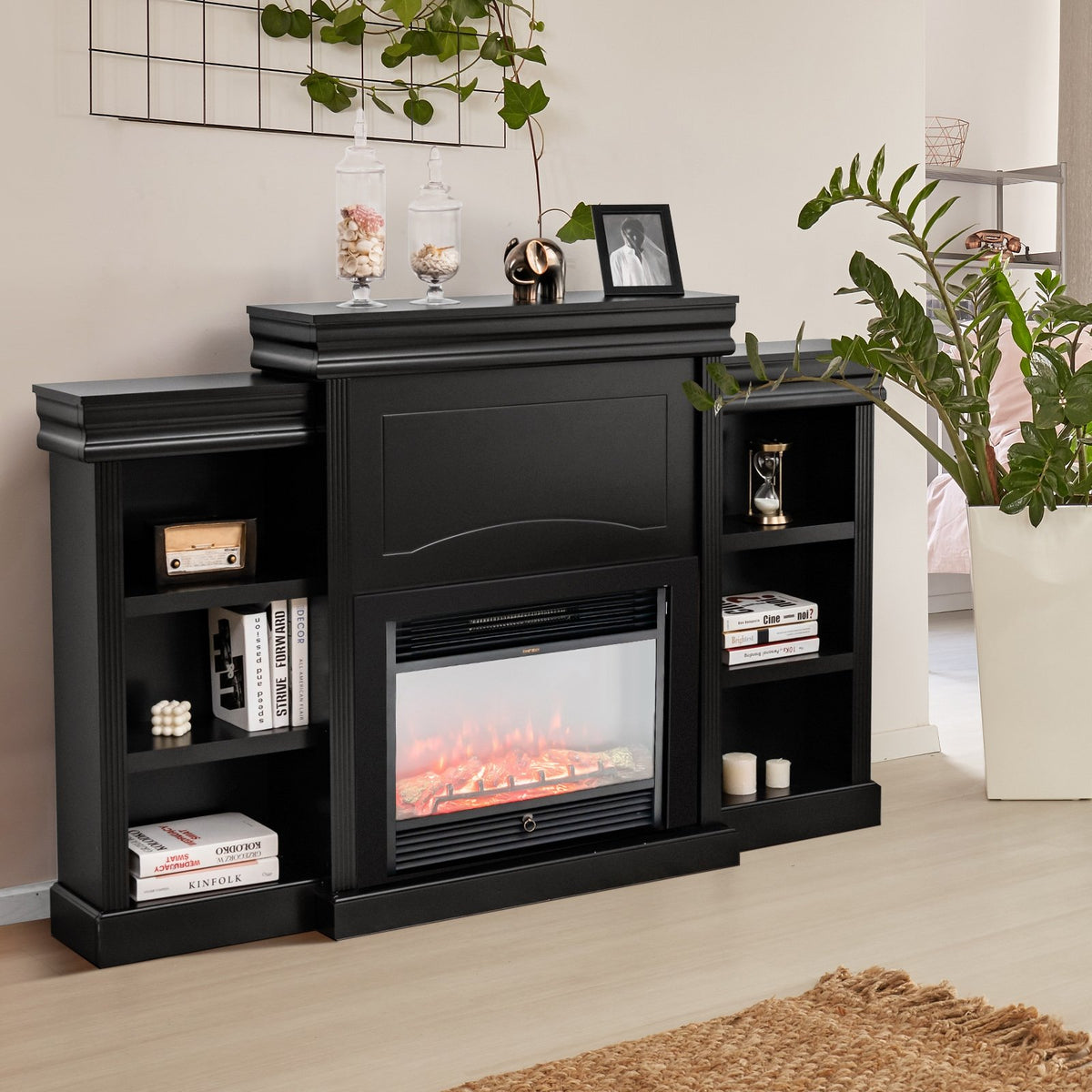 70 Inch Modern Fireplace Media Entertainment Center with Bookcase-Black view 6