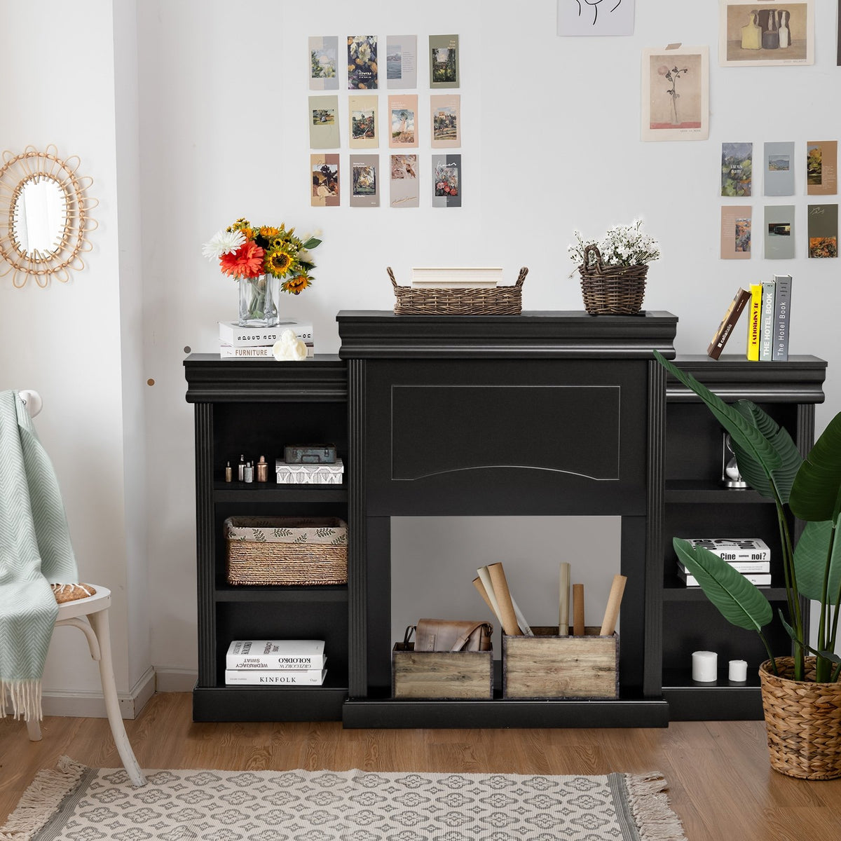 70 Inch Modern Fireplace Media Entertainment Center with Bookcase-Black view 7