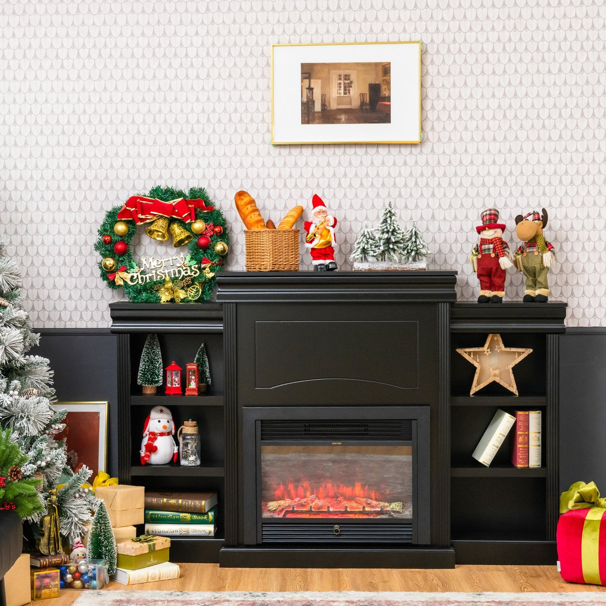 70 Inch Modern Fireplace Media Entertainment Center with Bookcase-Black view 8