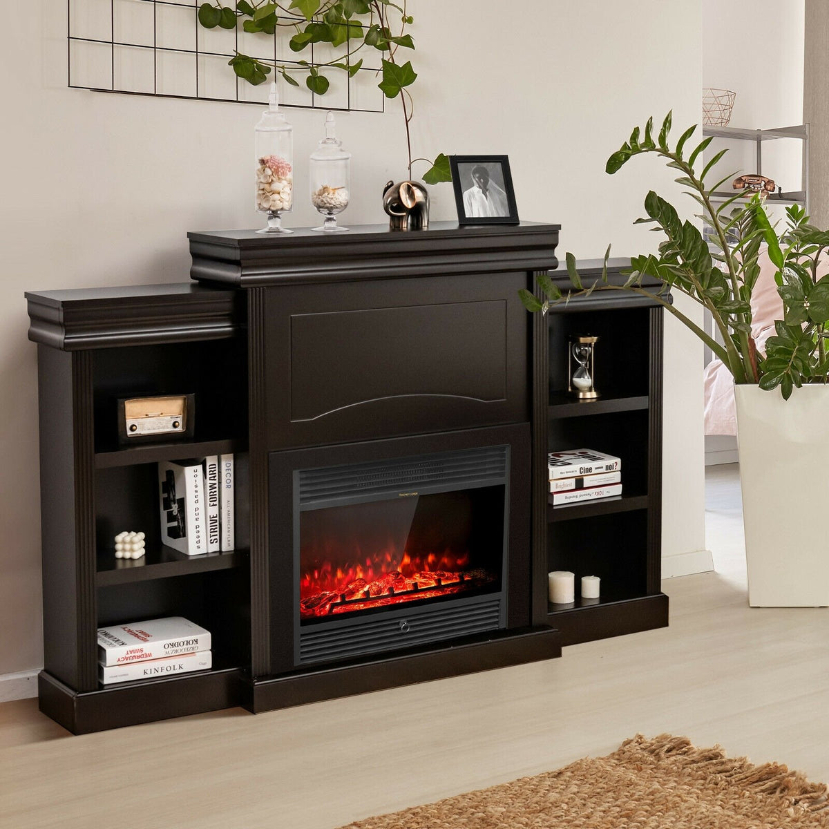 70 Inch Modern Fireplace Media Entertainment Center with Bookcase-Brown view 2