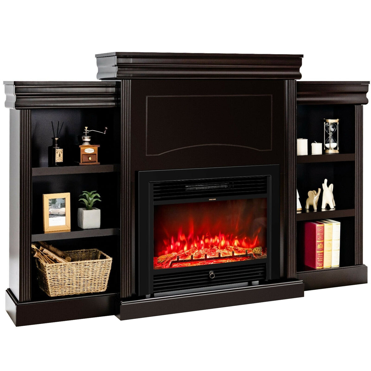 70 Inch Modern Fireplace Media Entertainment Center with Bookcase-Brown view 4