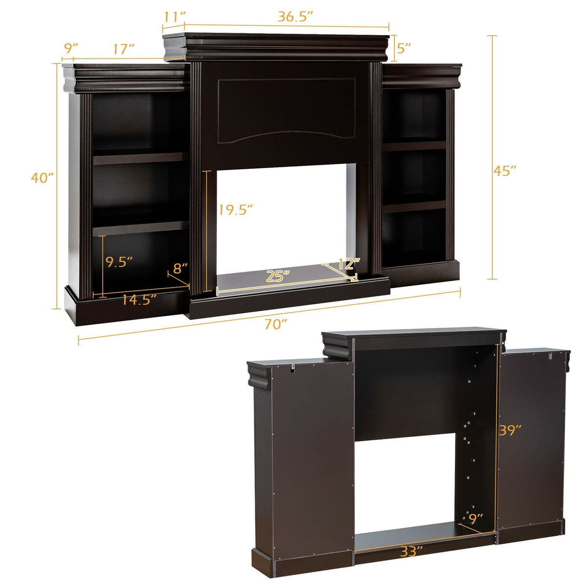 70 Inch Modern Fireplace Media Entertainment Center with Bookcase-Brown view 5