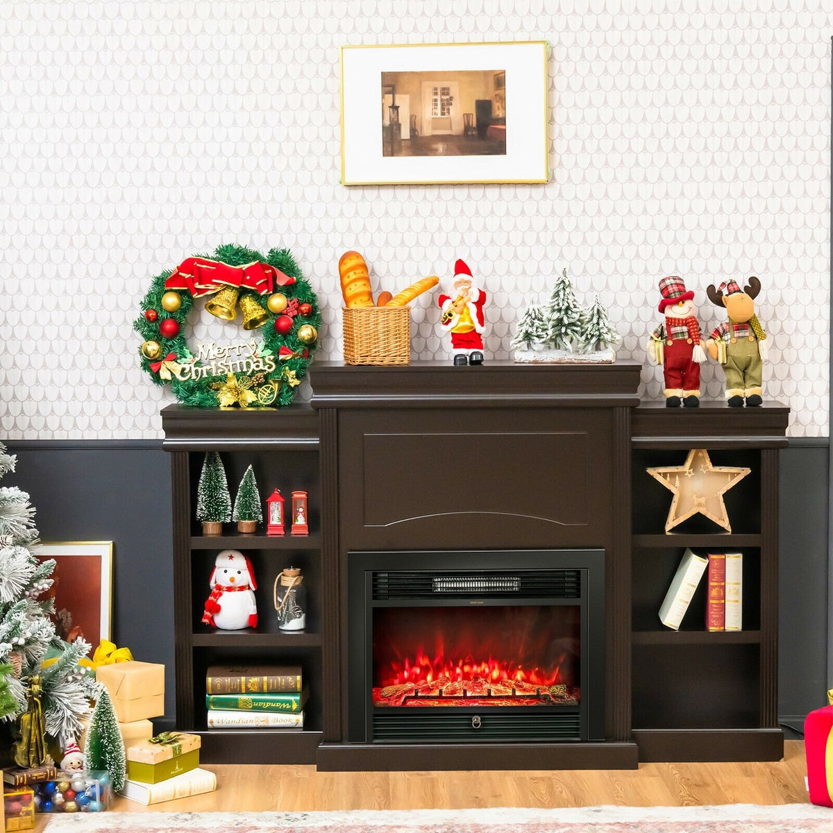 70 Inch Modern Fireplace Media Entertainment Center with Bookcase-Brown view 7