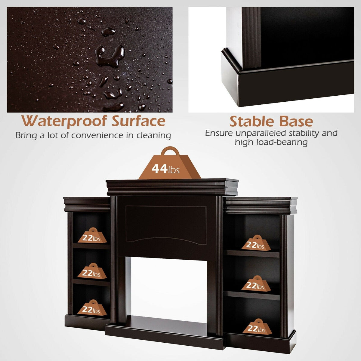 70 Inch Modern Fireplace Media Entertainment Center with Bookcase-Brown view 9