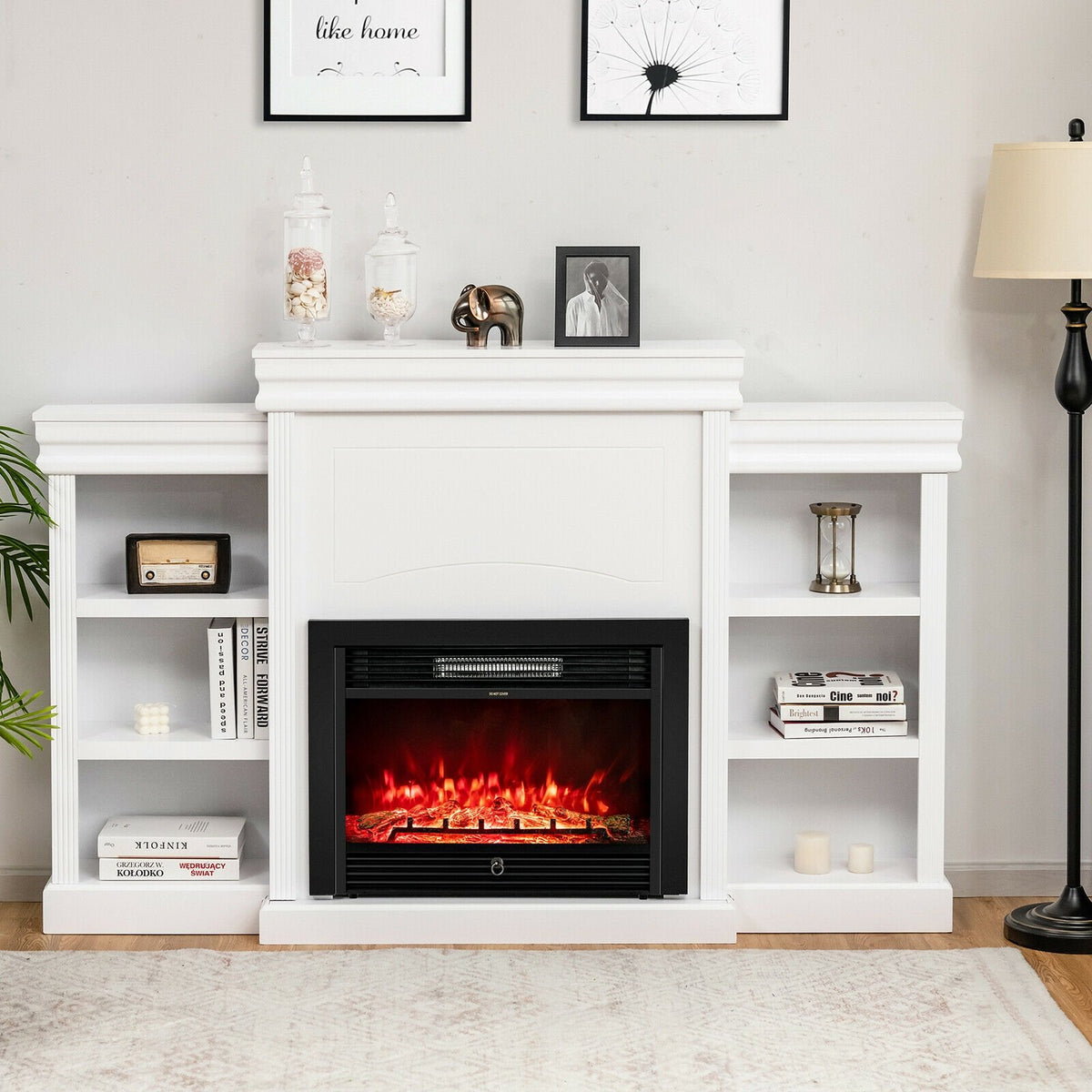 70 Inch Modern Fireplace Media Entertainment Center with Bookcase-White view 2