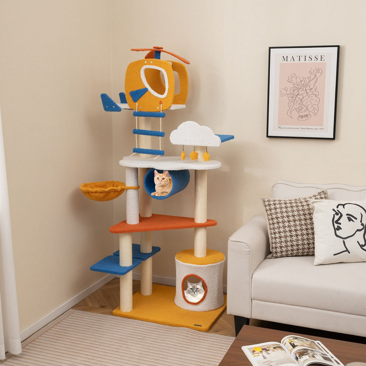70 Inch Tall Aviation-themed Cat Tree with Helicopter Top Perch and Platforms-Yellow view 3