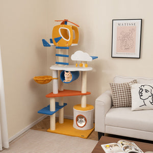 70 Inch Tall Aviation-themed Cat Tree with Helicopter Top Perch and Platforms-Yellow view 3